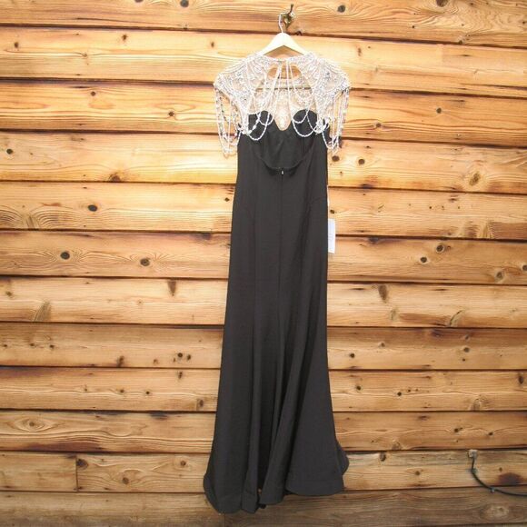 MAC DUGGAL 11775 Black Draped Pearl Beaded Mermaid Gown Dress - Picture 10 of 13